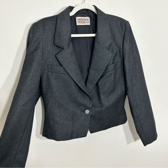 Vintage Jackets & Blazers - HERITAGE HOUSE Vintage Dark Grey 100% Virgin Wool Single Button Blazer - Size 4